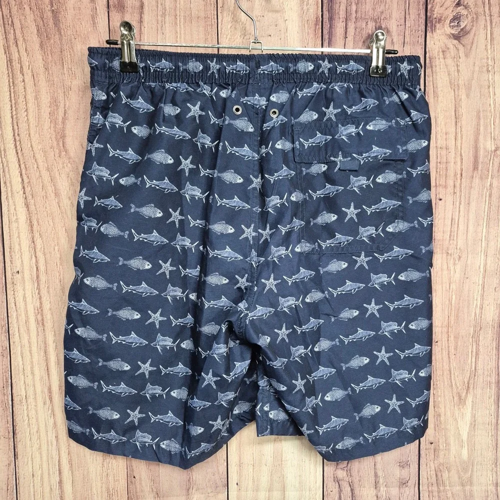 Kirkland Signature Mens Navy Blue Fish Starfish Print Swim Trunks Medium‎